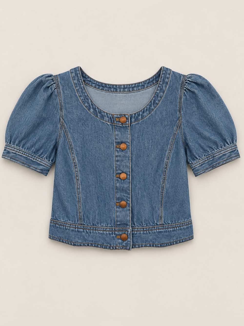 Madewell Denim Puff Sleeve Cropped Button Front Top Size Medium
